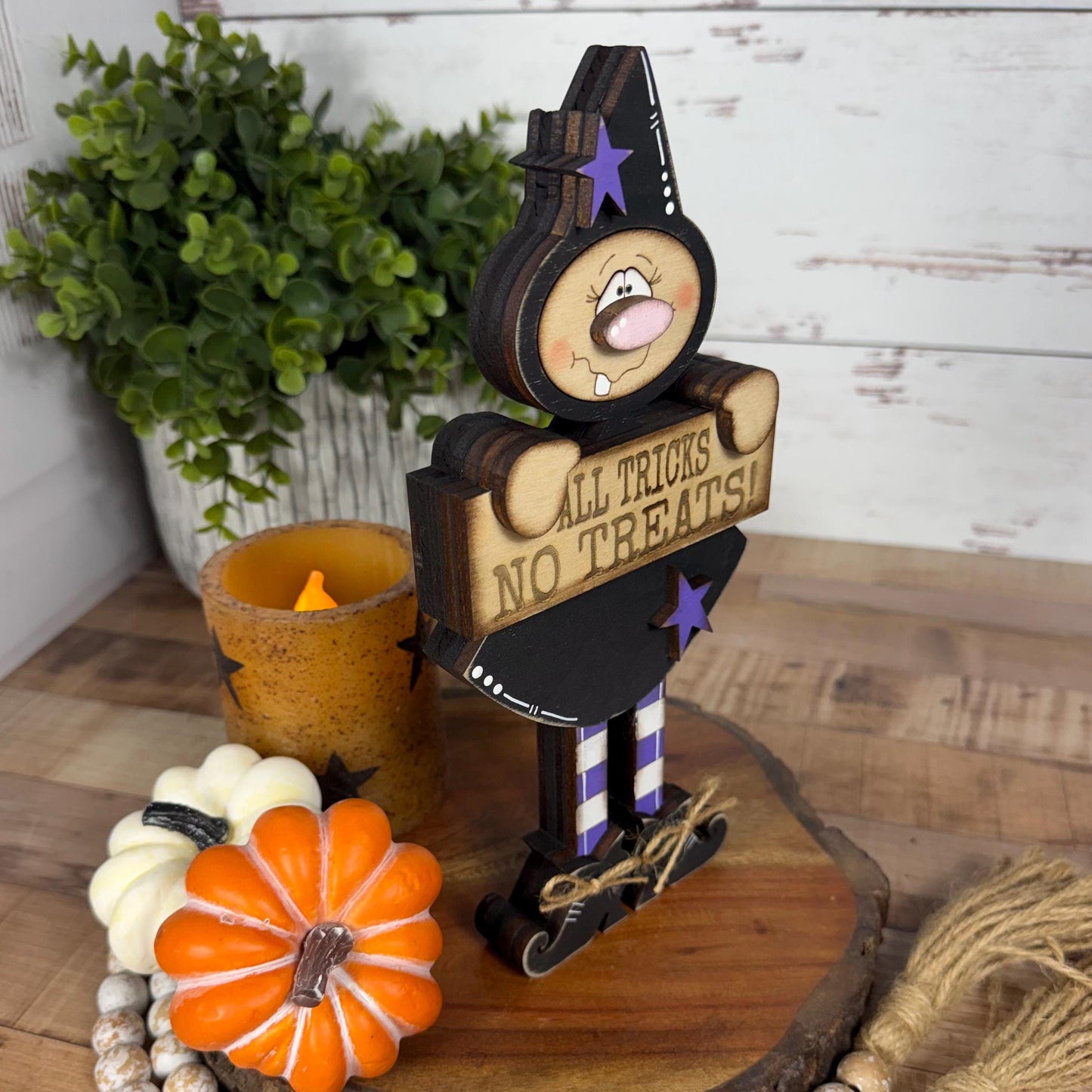 Hand-Painted Wooden Witch Shelf Sitter for Rustic Halloween Decor