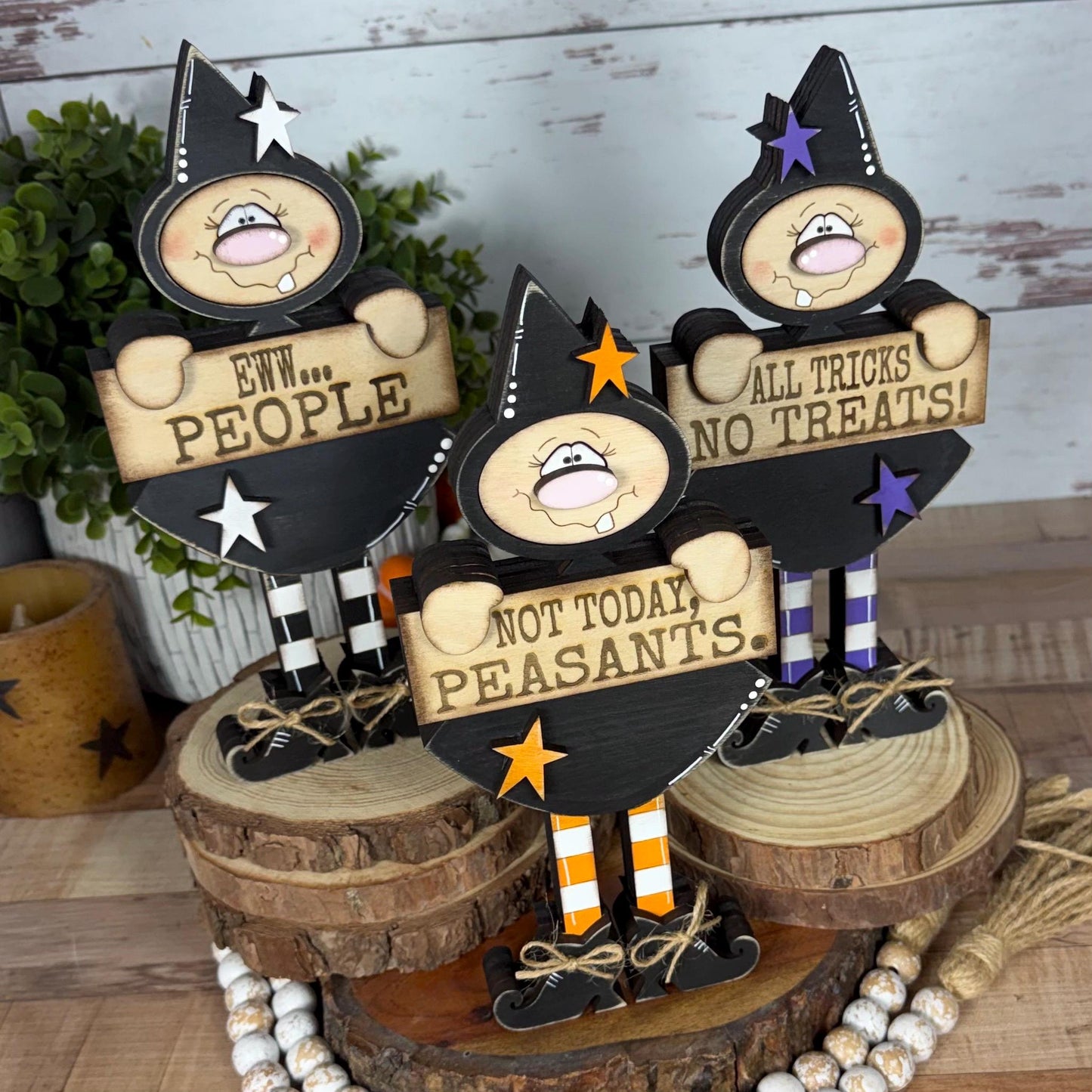 Hand-Painted Wooden Witch Shelf Sitter for Rustic Halloween Decor