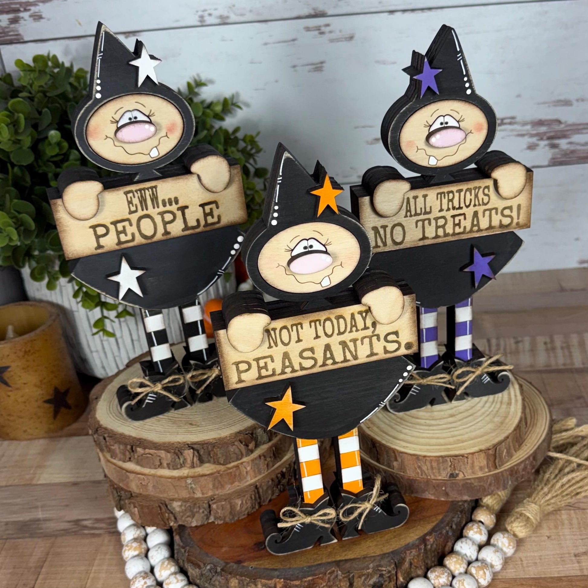 Hand-Painted Wooden Witch Shelf Sitter for Rustic Halloween Decor
