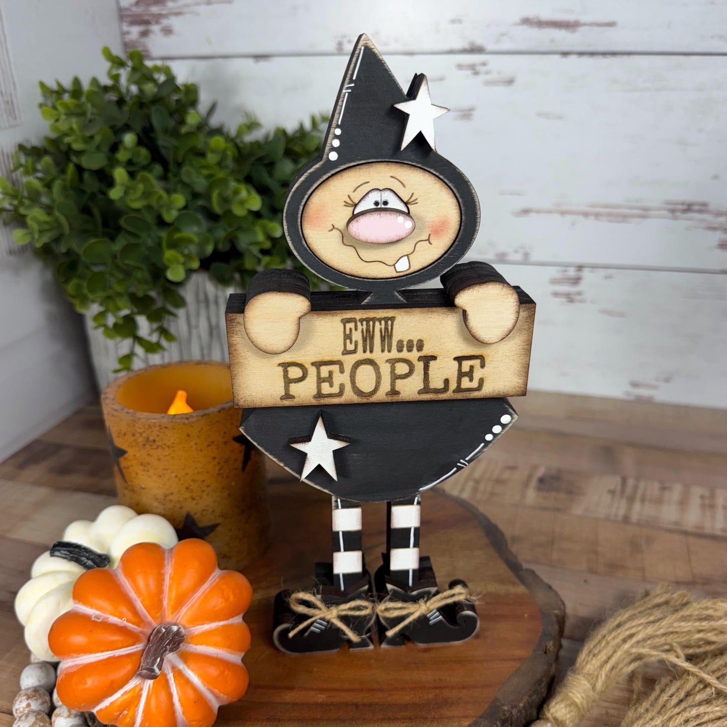 Hand-Painted Wooden Witch Shelf Sitter for Rustic Halloween Decor