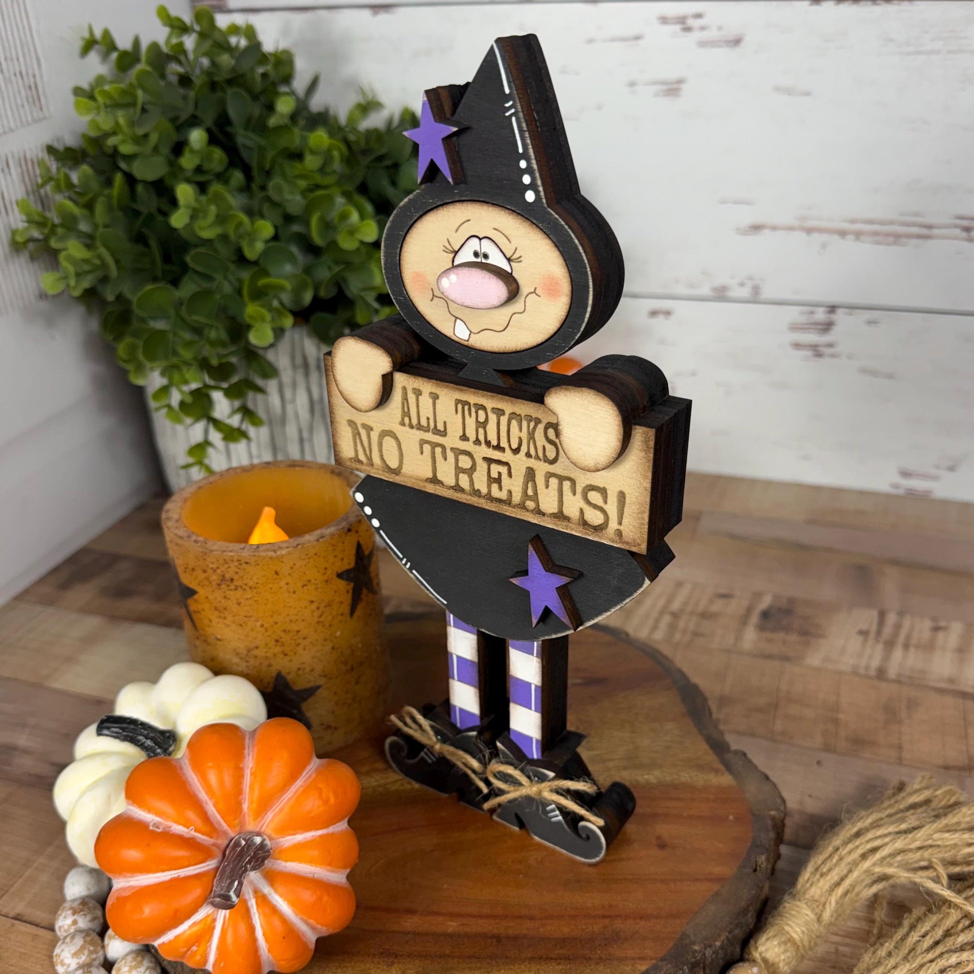 Hand-Painted Wooden Witch Shelf Sitter for Rustic Halloween Decor