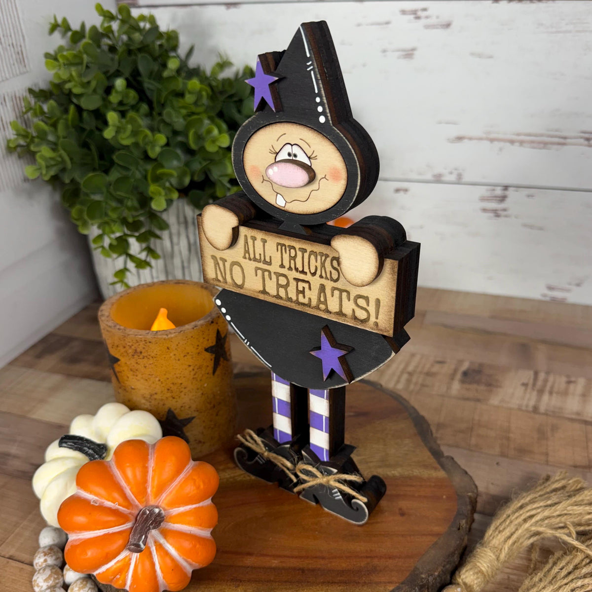 Hand-Painted Wooden Witch Shelf Sitter for Rustic Halloween Decor