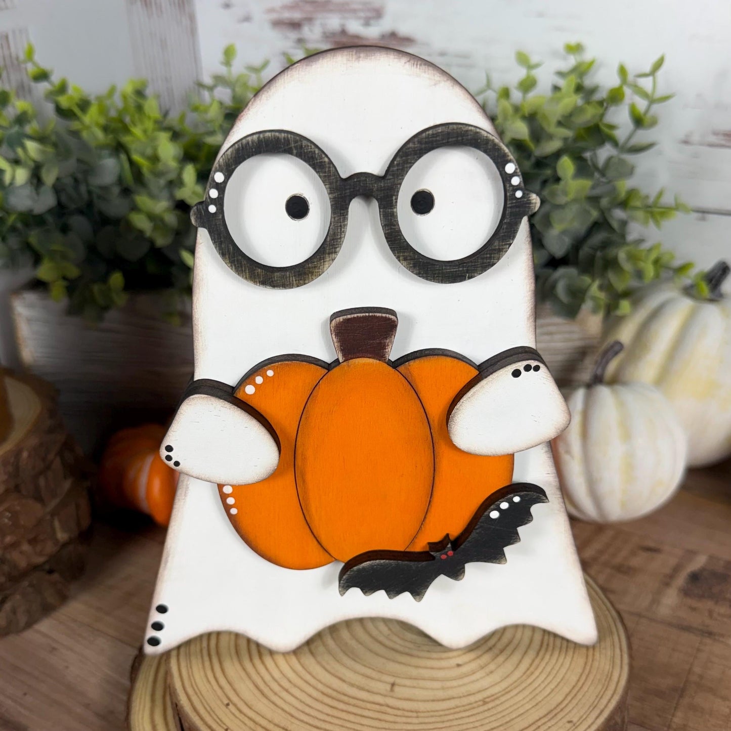 Halloween Shelf Decor Set, Wooden Ghost, Mummy, BOO Leaner & Flying Bat