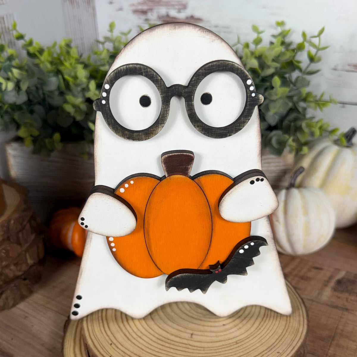 Halloween Shelf Decor Set, Wooden Ghost, Mummy, BOO Leaner & Flying Bat