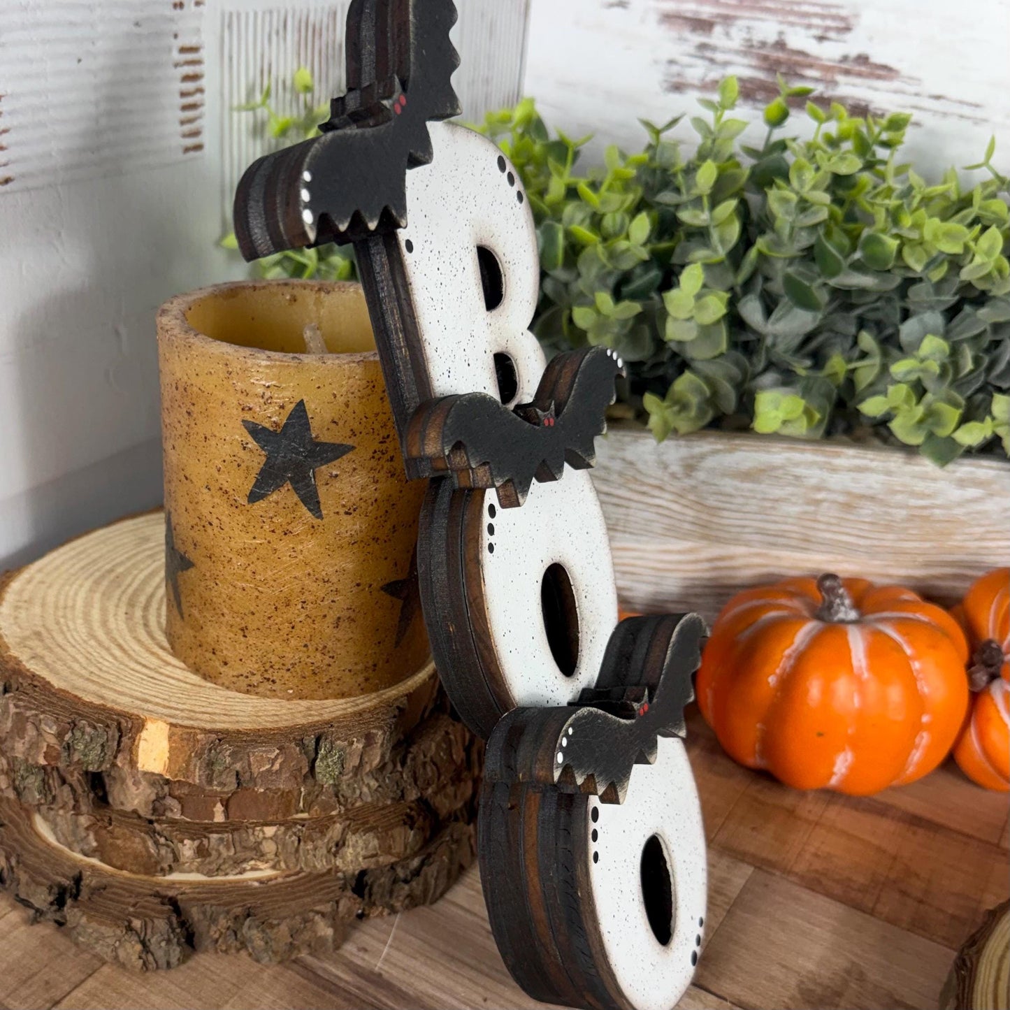 Halloween Shelf Decor Set, Wooden Ghost, Mummy, BOO Leaner & Flying Bat