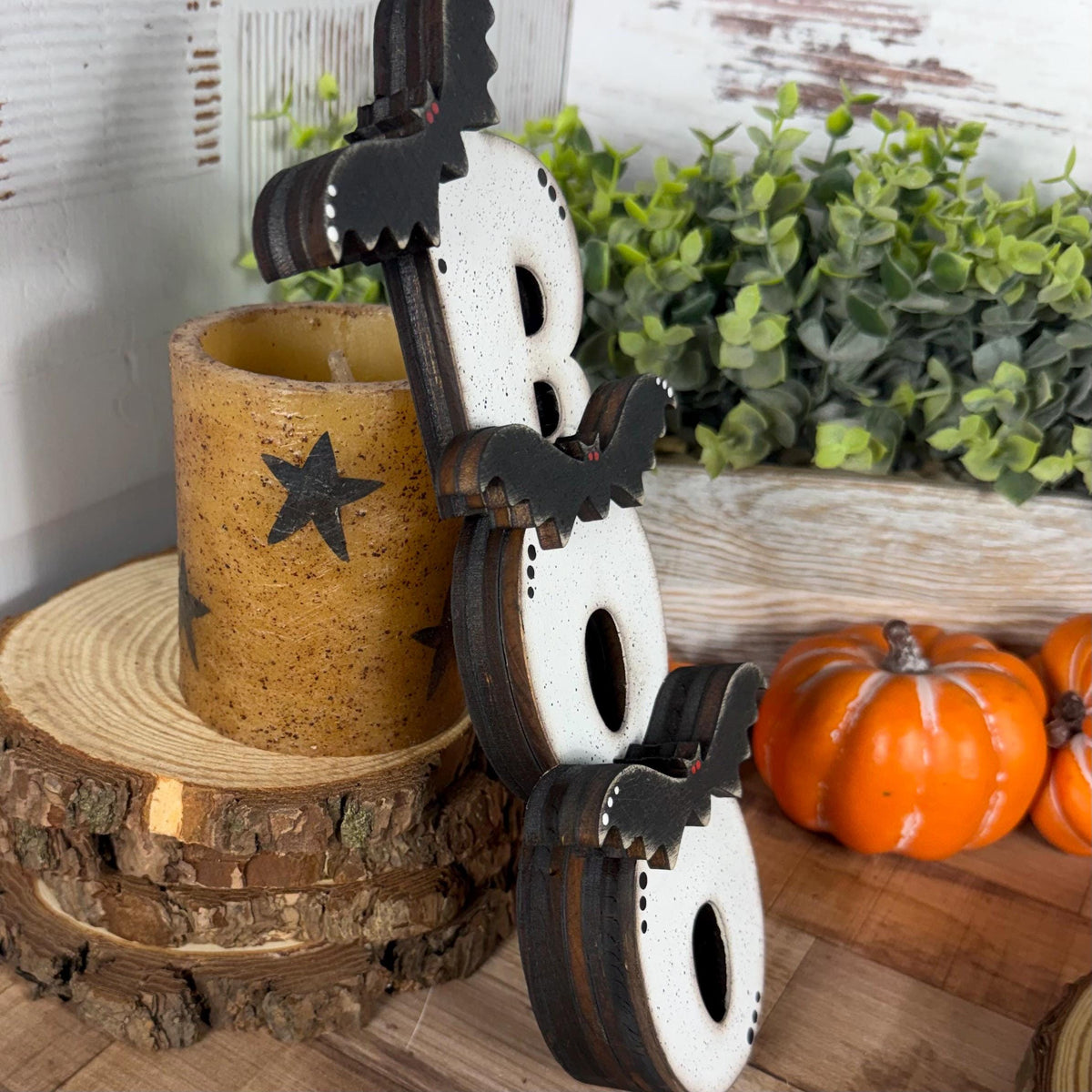 Halloween Shelf Decor Set, Wooden Ghost, Mummy, BOO Leaner & Flying Bat