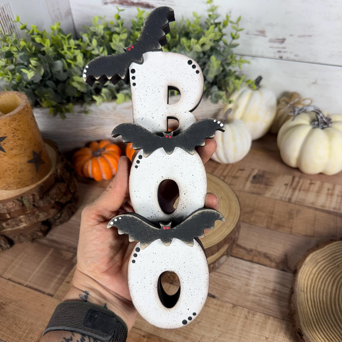 Halloween Shelf Decor Set, Wooden Ghost, Mummy, BOO Leaner & Flying Bat