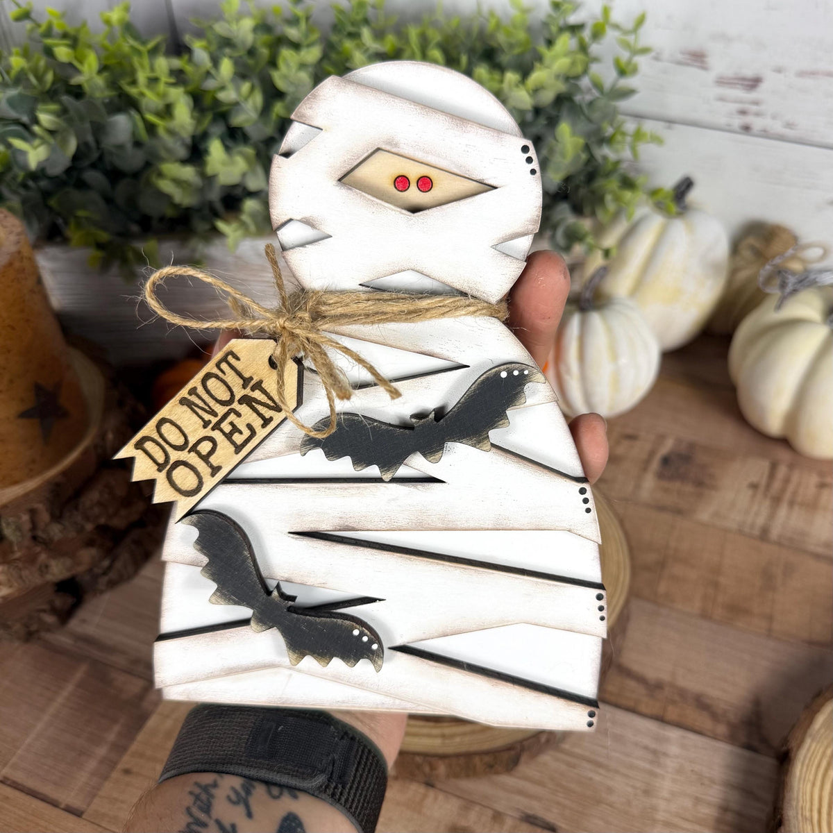Halloween Shelf Decor Set, Wooden Ghost, Mummy, BOO Leaner & Flying Bat