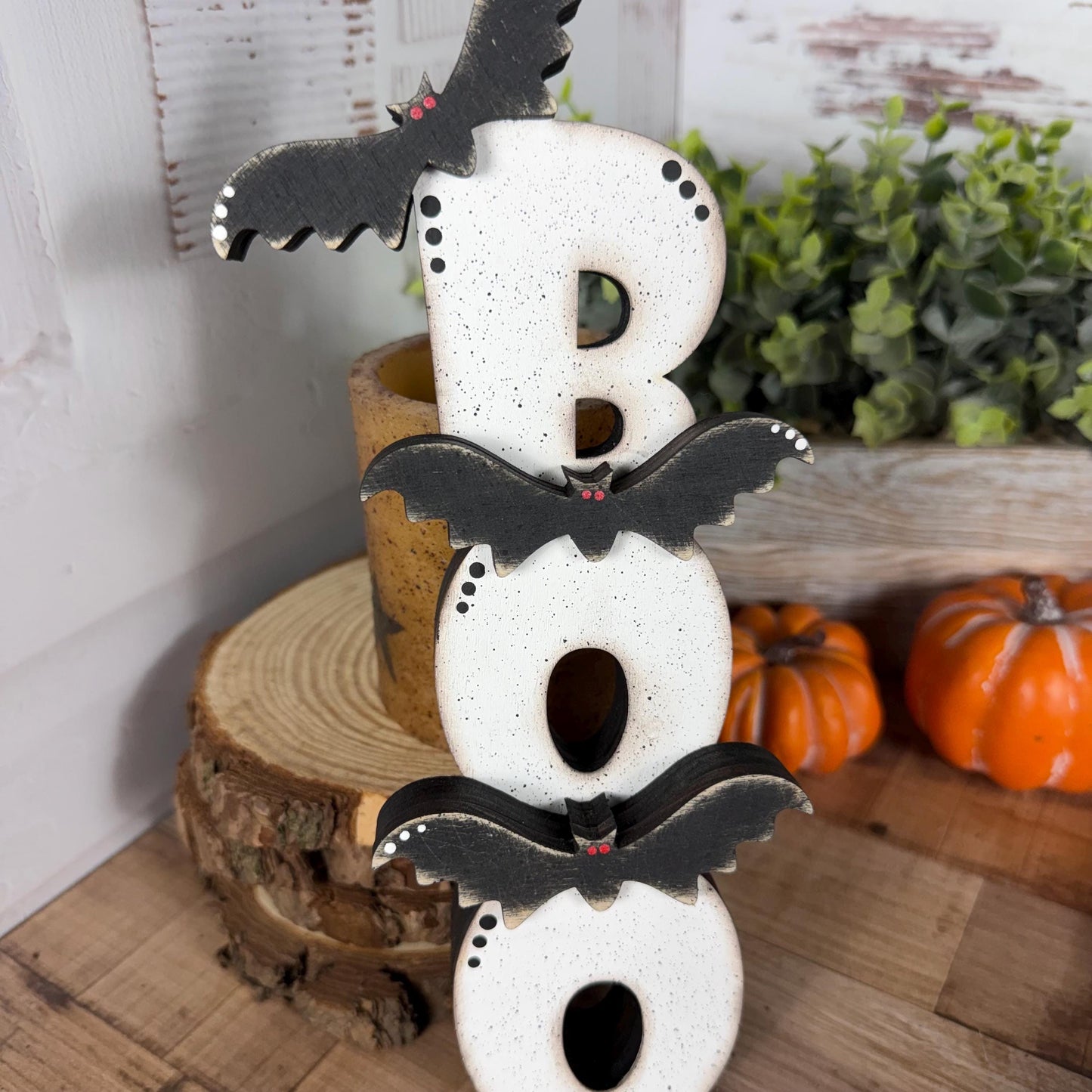 Halloween Shelf Decor Set, Wooden Ghost, Mummy, BOO Leaner & Flying Bat