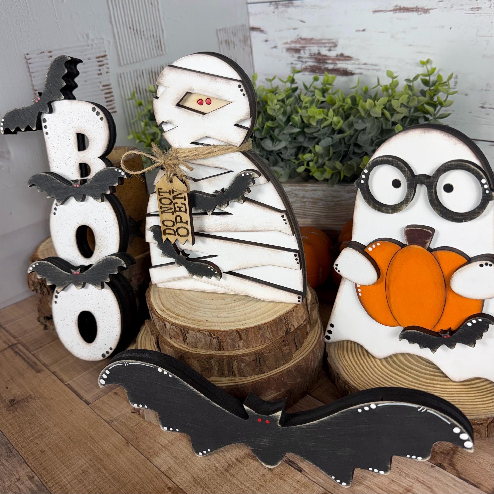 Halloween Shelf Decor Set, Wooden Ghost, Mummy, BOO Leaner & Flying Bat