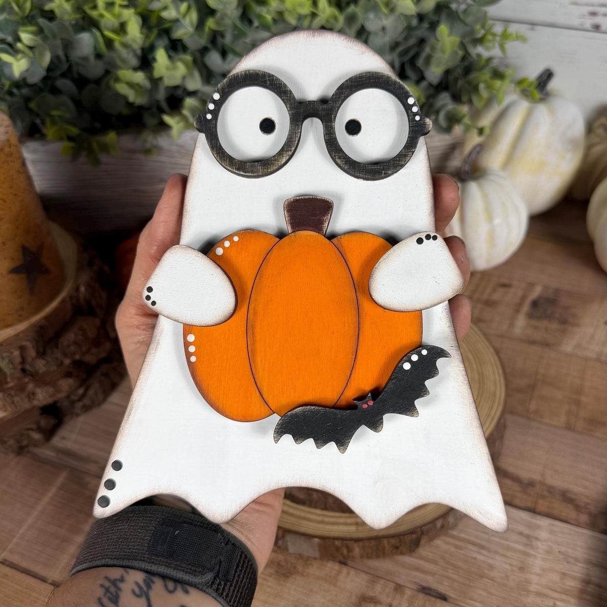 Halloween Shelf Decor Set, Wooden Ghost, Mummy, BOO Leaner & Flying Bat