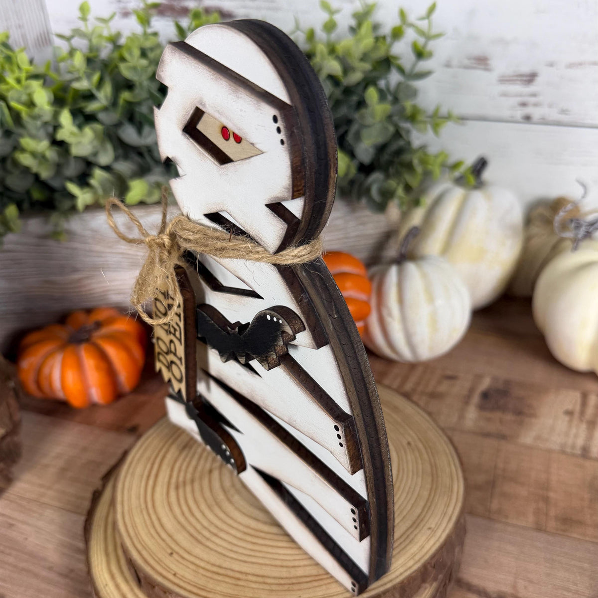 Halloween Shelf Decor Set, Wooden Ghost, Mummy, BOO Leaner & Flying Bat