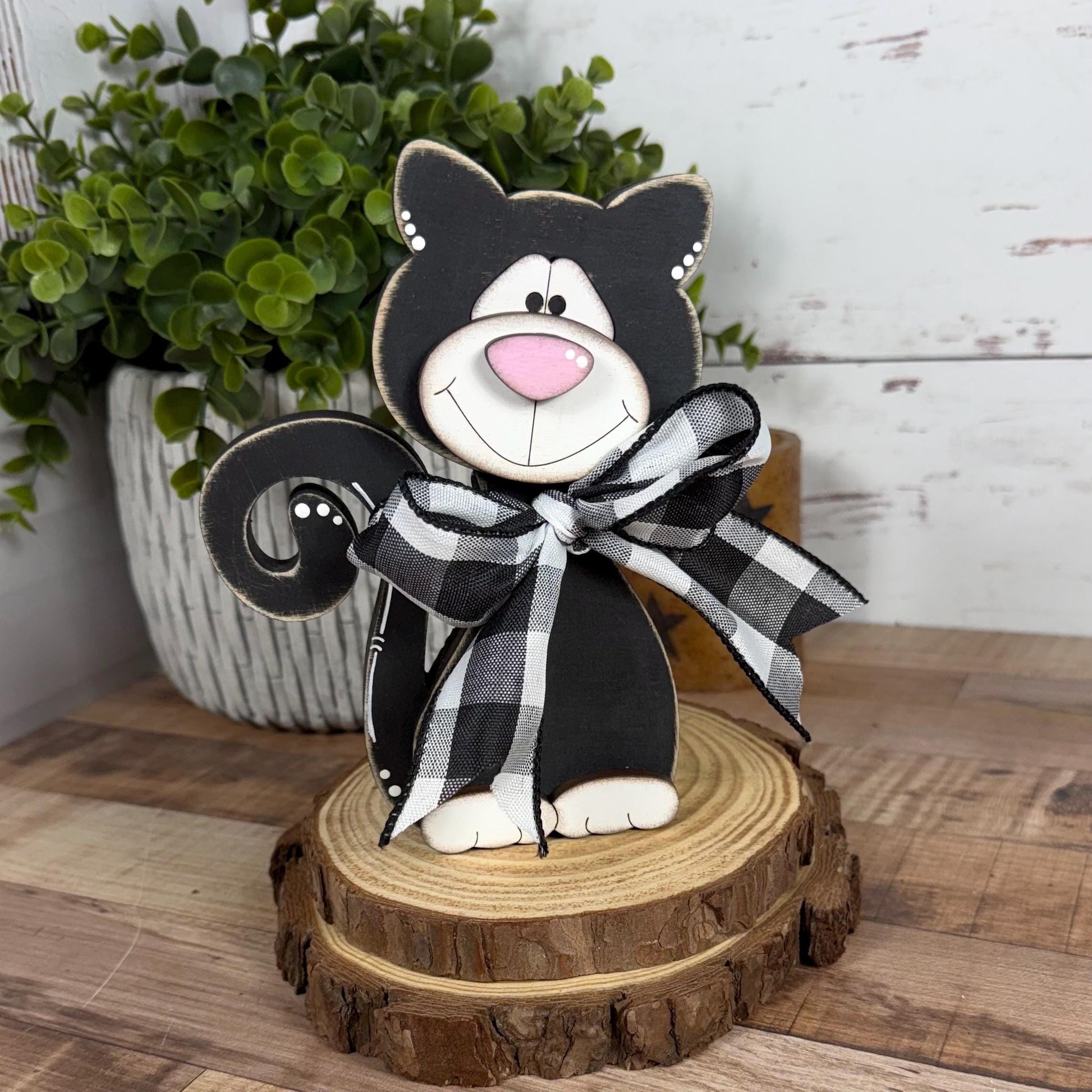 Black & White Wooden Cat – Hand-Painted Shelf Sitter or Decor