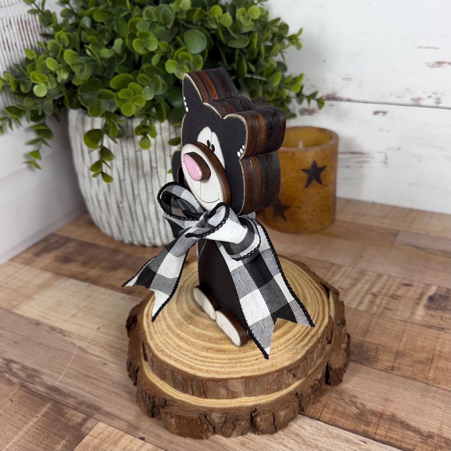 Black & White Wooden Cat – Hand-Painted Shelf Sitter or Decor