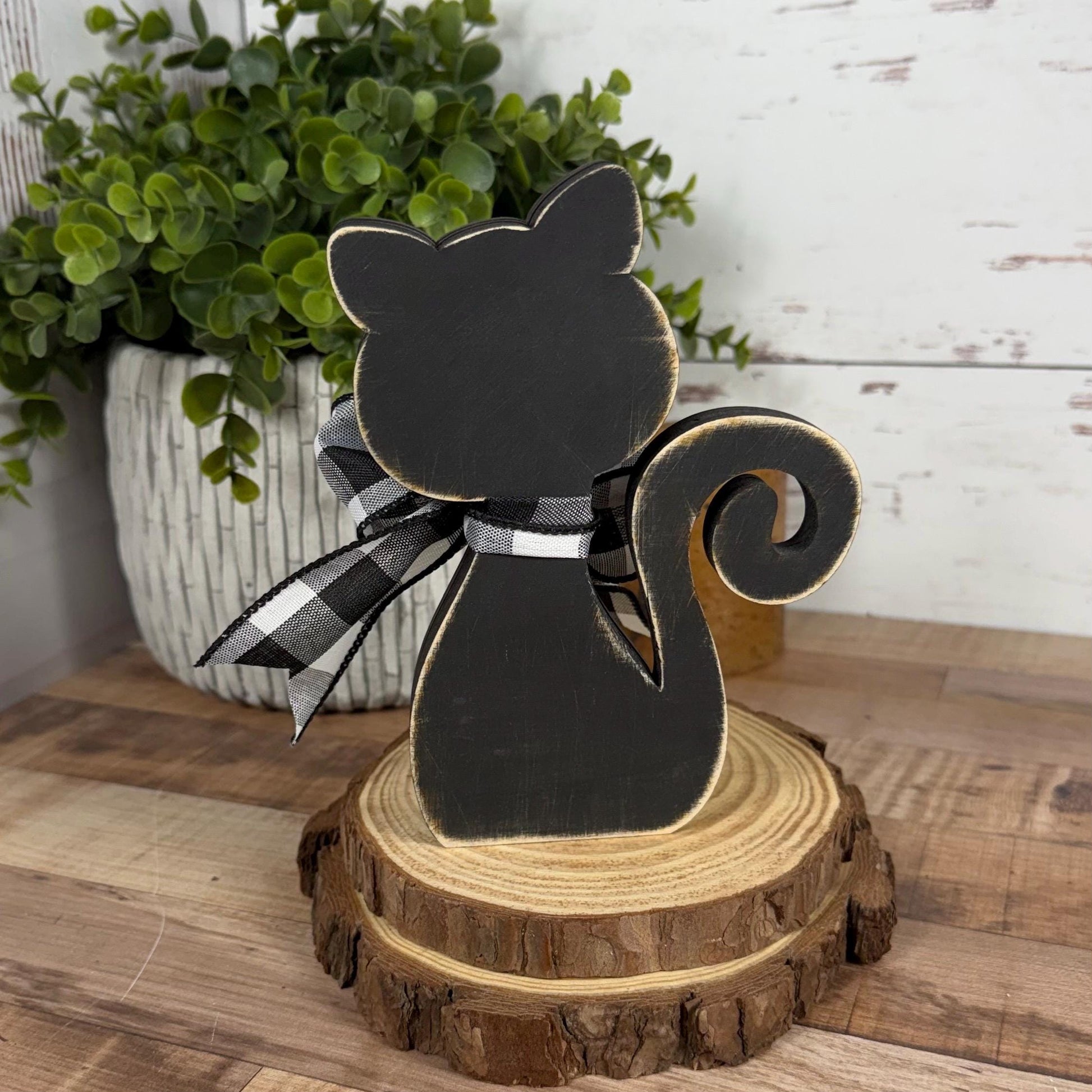 Black & White Wooden Cat – Hand-Painted Shelf Sitter or Decor