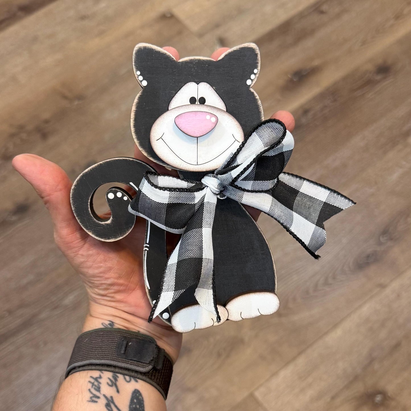 Black & White Wooden Cat – Hand-Painted Shelf Sitter or Decor