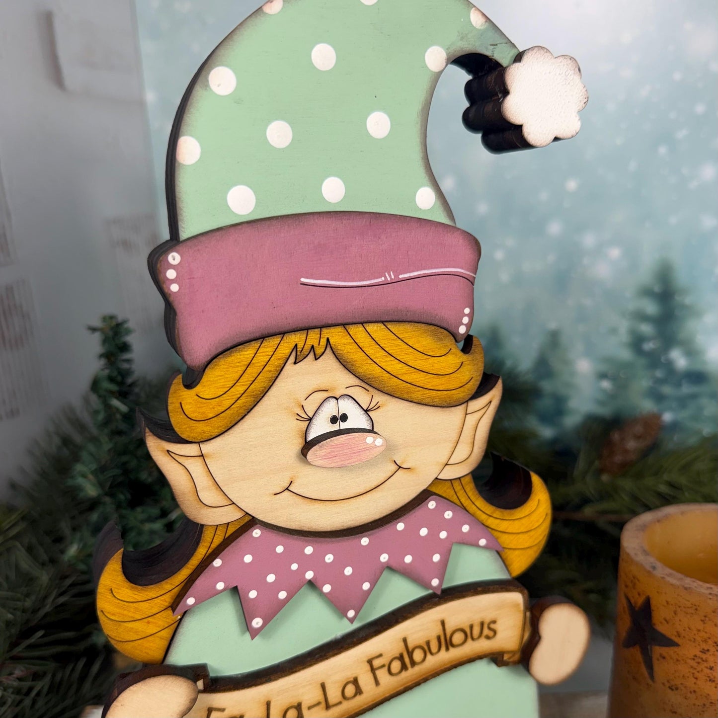 Vintage Christmas Elf Shelf Sitter, Hand Painted Wooden Holiday Decor