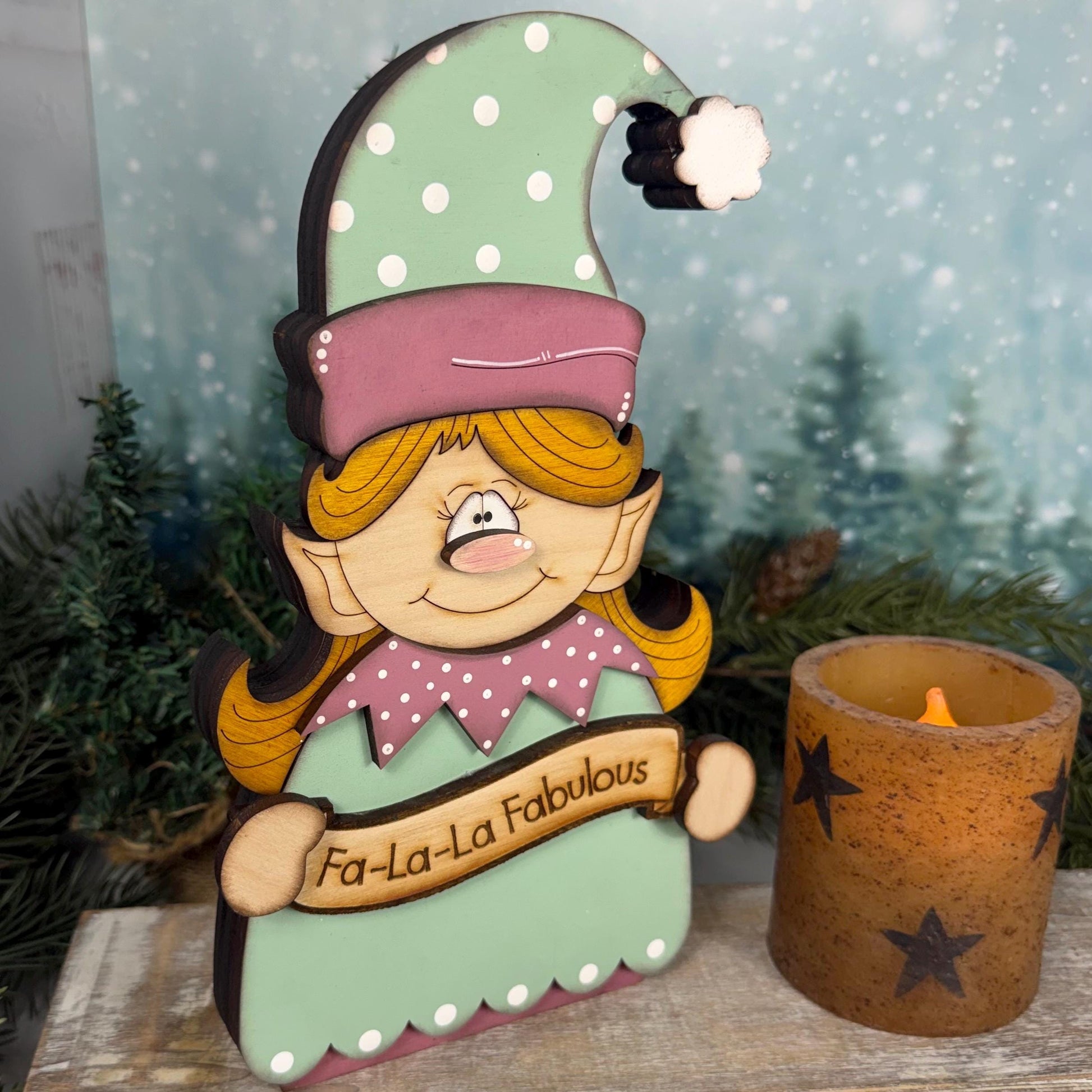 Vintage Christmas Elf Shelf Sitter, Hand Painted Wooden Holiday Decor