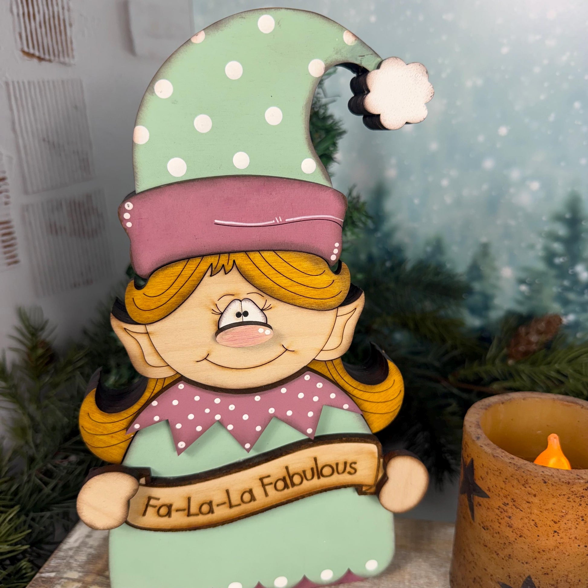 Vintage Christmas Elf Shelf Sitter, Hand Painted Wooden Holiday Decor