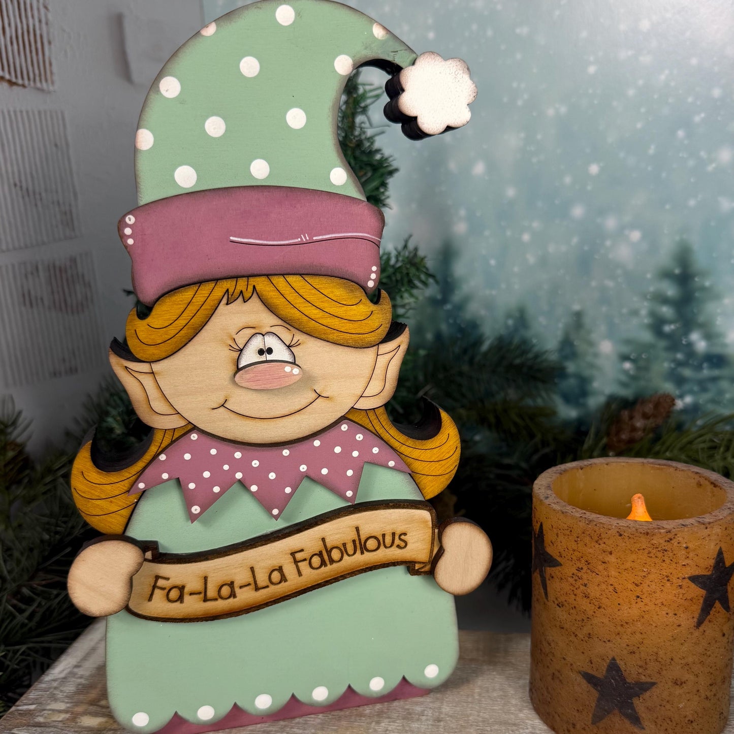 Vintage Christmas Elf Shelf Sitter, Hand Painted Wooden Holiday Decor