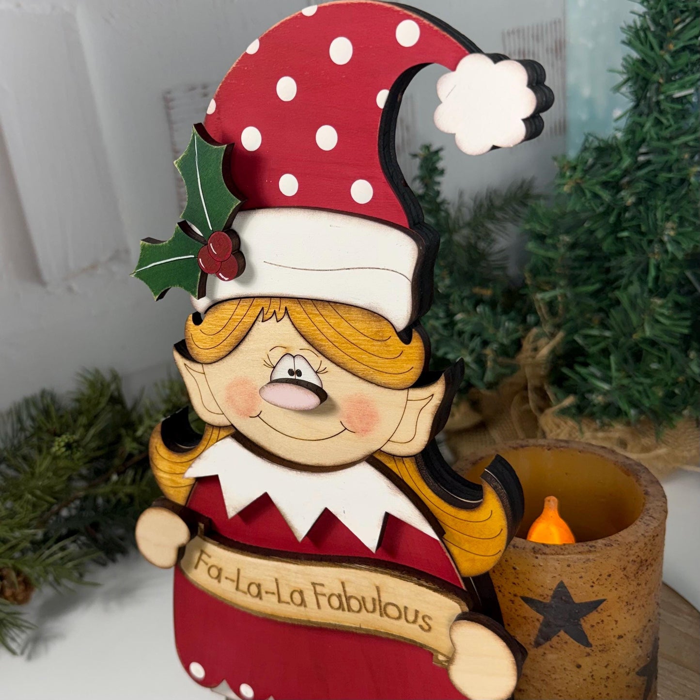 Wooden Christmas Elf Shelf Sitter, Hand Painted Holiday Decor