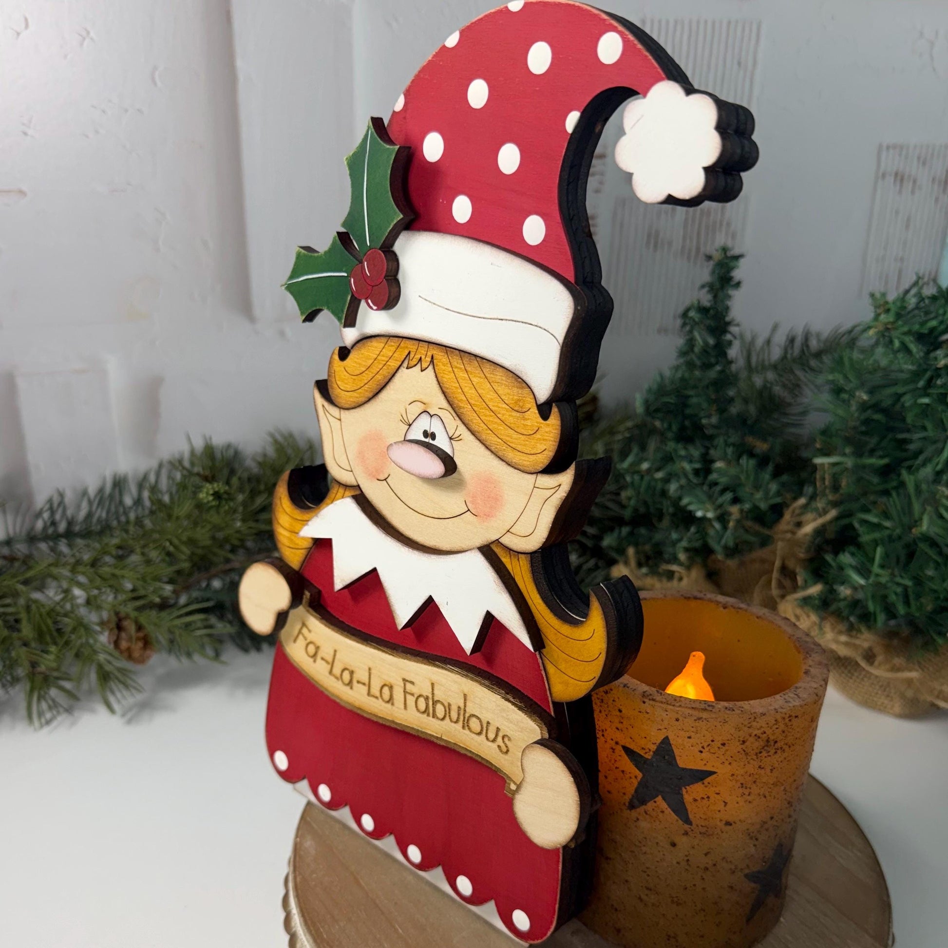 Wooden Christmas Elf Shelf Sitter, Hand Painted Holiday Decor