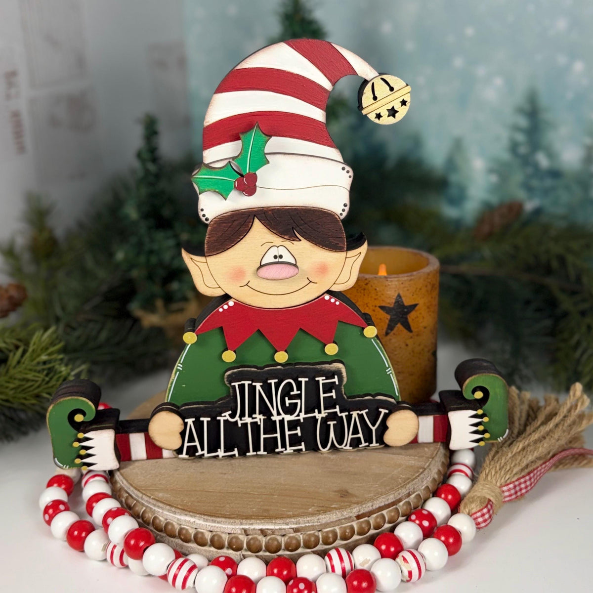 Hand Painted Wooden Elf Shelf Sitter for Christmas with Jingle All the Way Sign