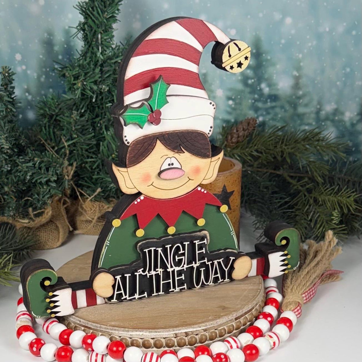 Hand Painted Wooden Elf Shelf Sitter for Christmas with Jingle All the Way Sign