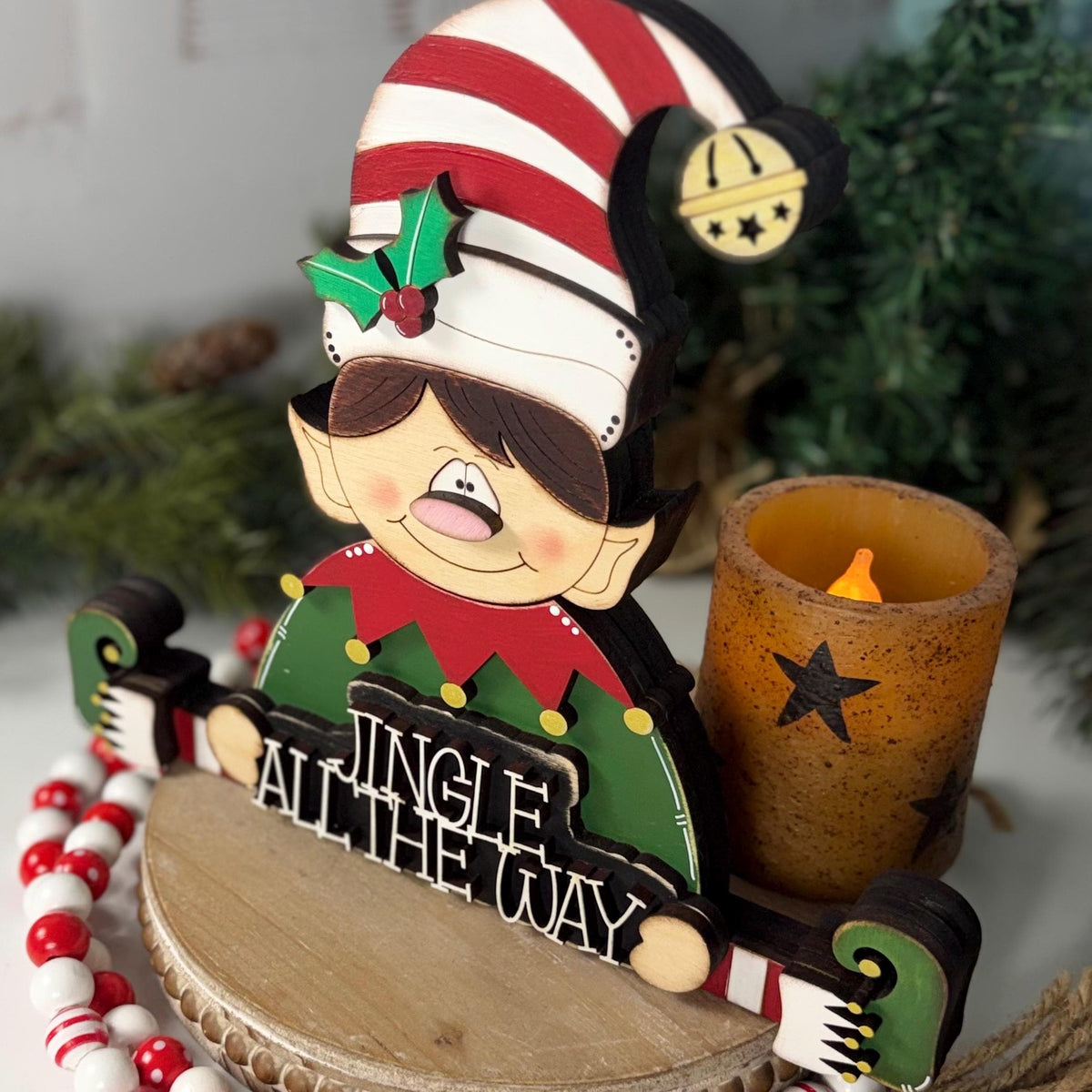 Hand Painted Wooden Elf Shelf Sitter for Christmas with Jingle All the Way Sign