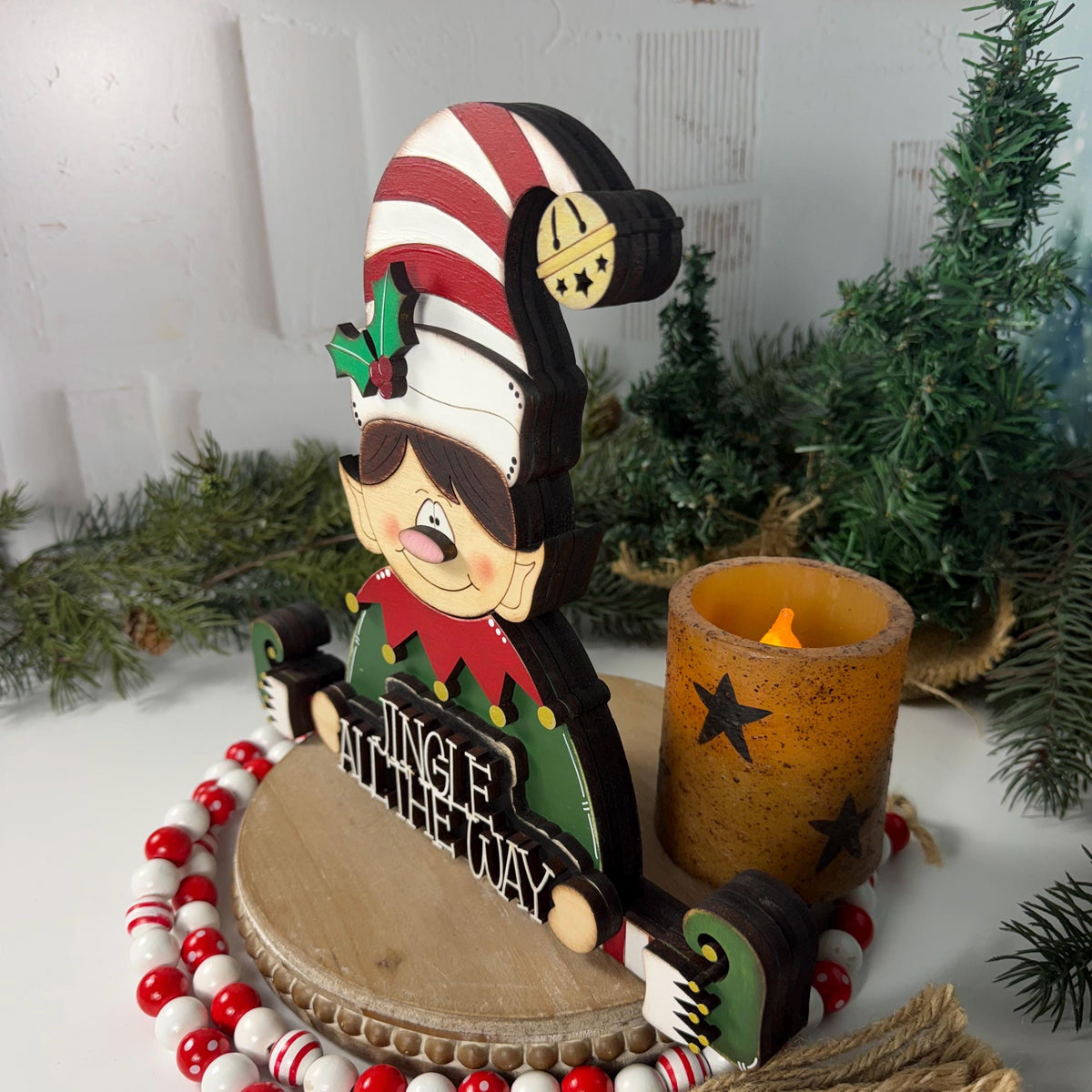 Hand Painted Wooden Elf Shelf Sitter for Christmas with Jingle All the Way Sign