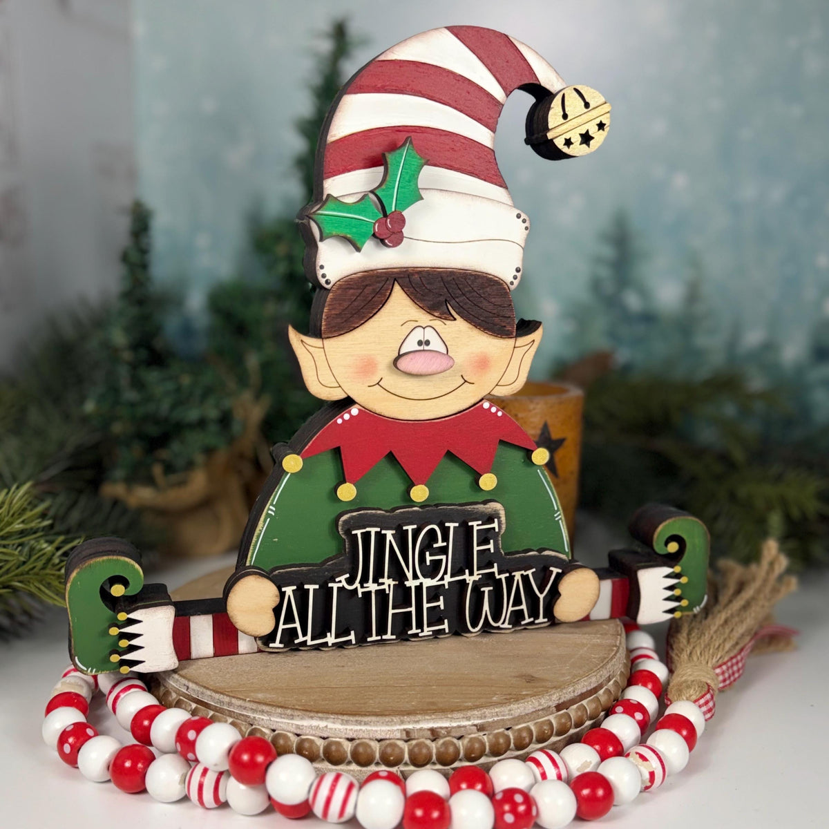 Hand Painted Wooden Elf Shelf Sitter for Christmas with Jingle All the Way Sign