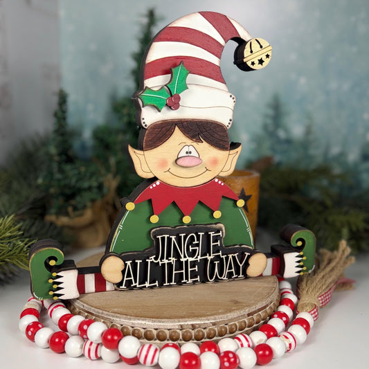 Hand Painted Wooden Elf Shelf Sitter for Christmas with Jingle All the Way Sign