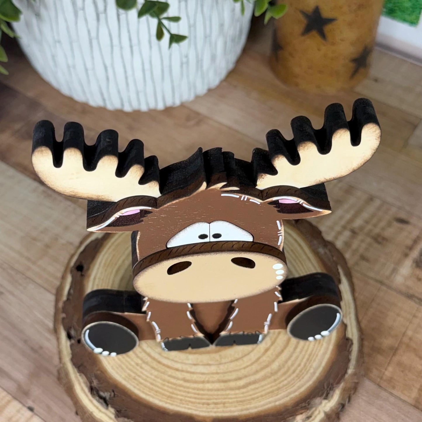 Chunky Wooden Moose Shelf Sitter | Hand Painted Rustic Farmhouse Woodland Decor