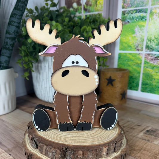 Chunky Wooden Moose Shelf Sitter | Hand Painted Rustic Farmhouse Woodland Decor