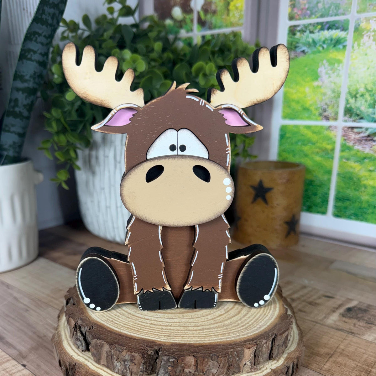 Chunky Wooden Moose Shelf Sitter | Hand Painted Rustic Farmhouse Woodland Decor