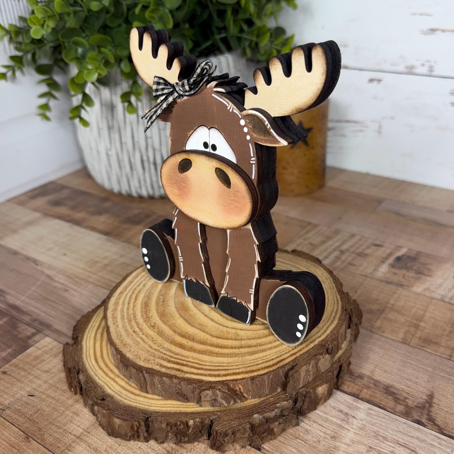 Chunky Wooden Moose Shelf Sitter | Hand Painted Rustic Farmhouse Woodland Decor