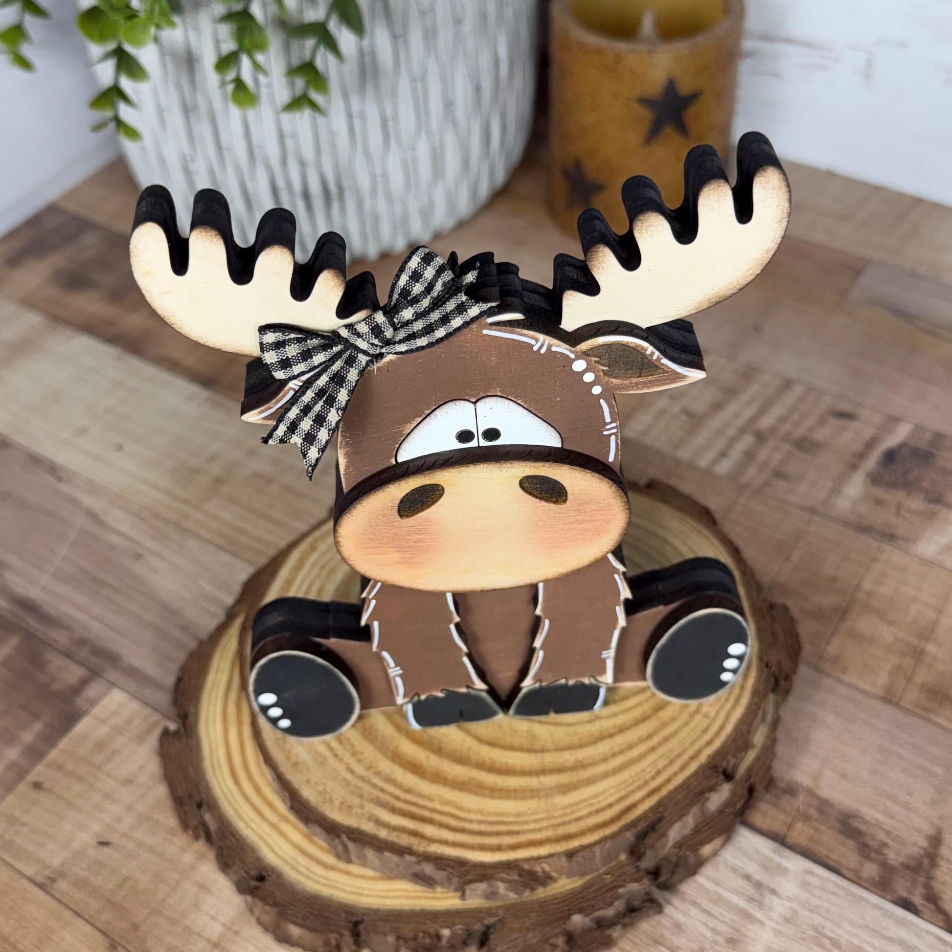 Chunky Wooden Moose Shelf Sitter | Hand Painted Rustic Farmhouse Woodland Decor