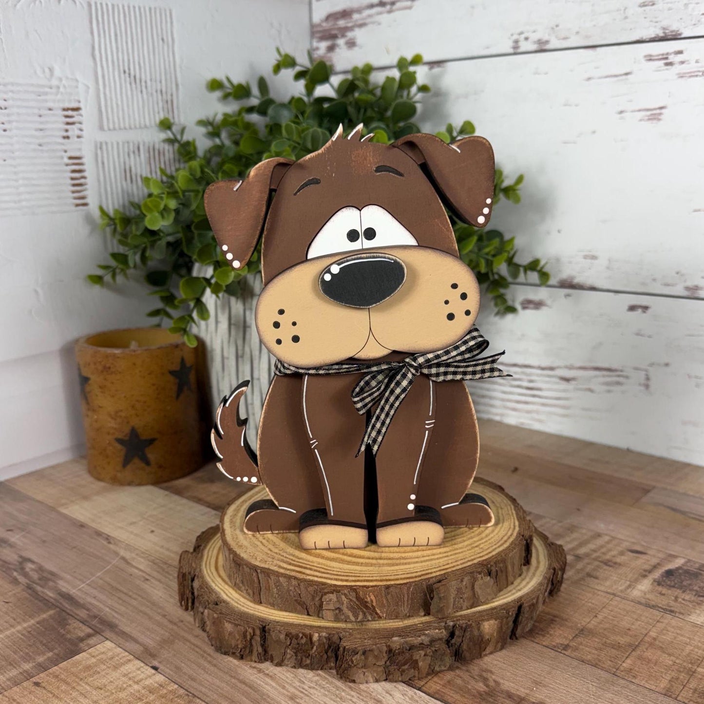 Adorable Hand Painted Wooden Brown Dog Shelf Sitter