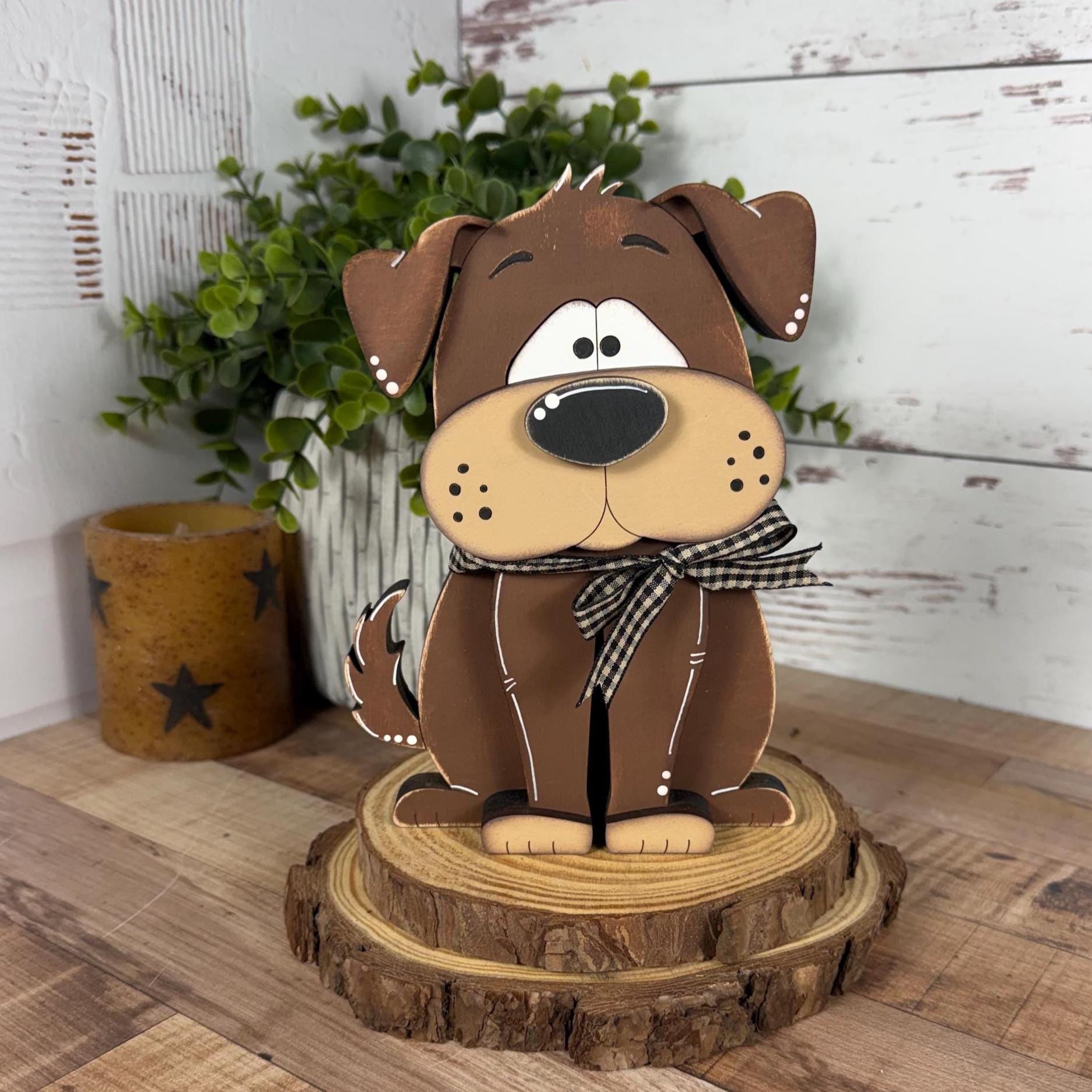 Adorable Hand Painted Wooden Brown Dog Shelf Sitter