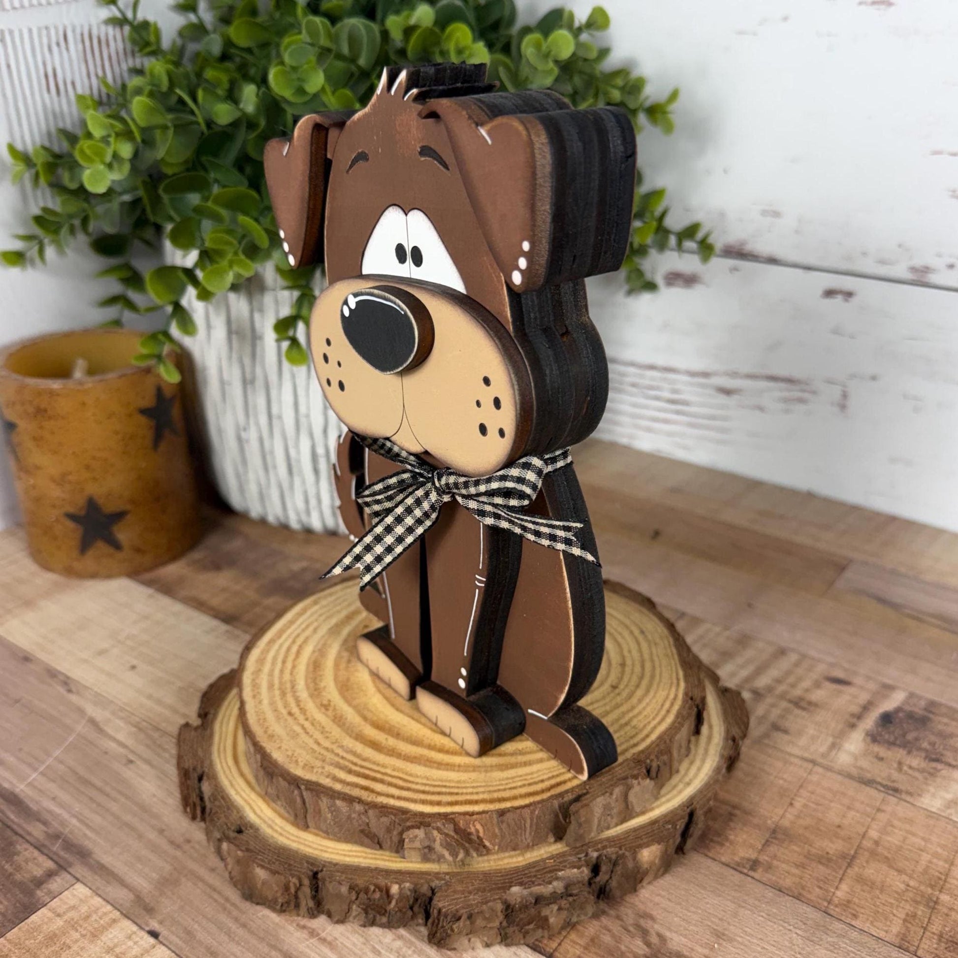 Adorable Hand Painted Wooden Brown Dog Shelf Sitter