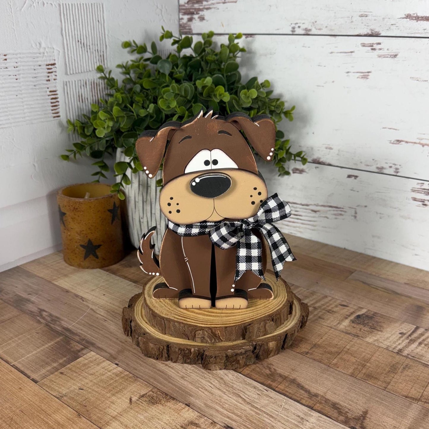 Adorable Hand Painted Wooden Brown Dog Shelf Sitter