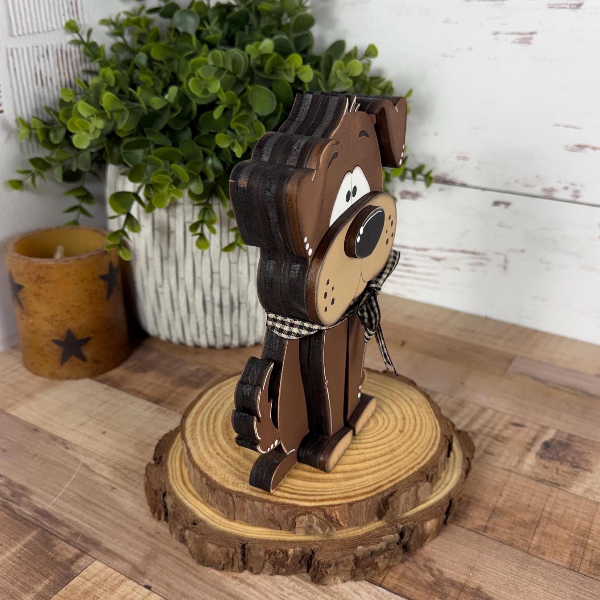 Adorable Hand Painted Wooden Brown Dog Shelf Sitter