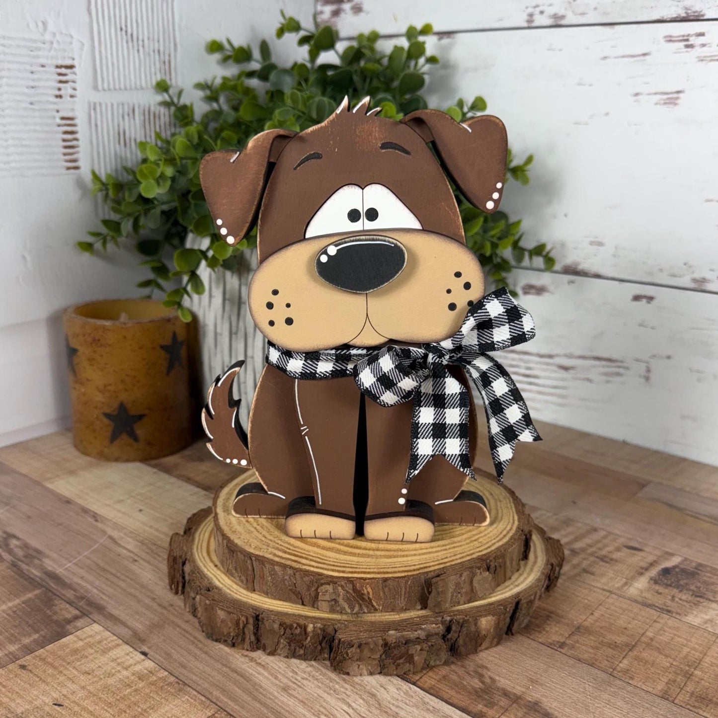 Adorable Hand Painted Wooden Brown Dog Shelf Sitter