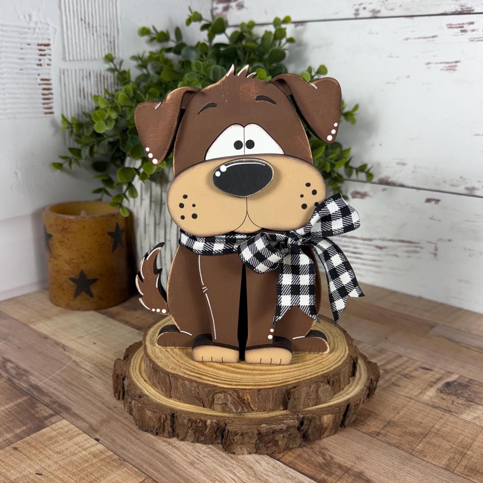 Adorable Hand Painted Wooden Brown Dog Shelf Sitter