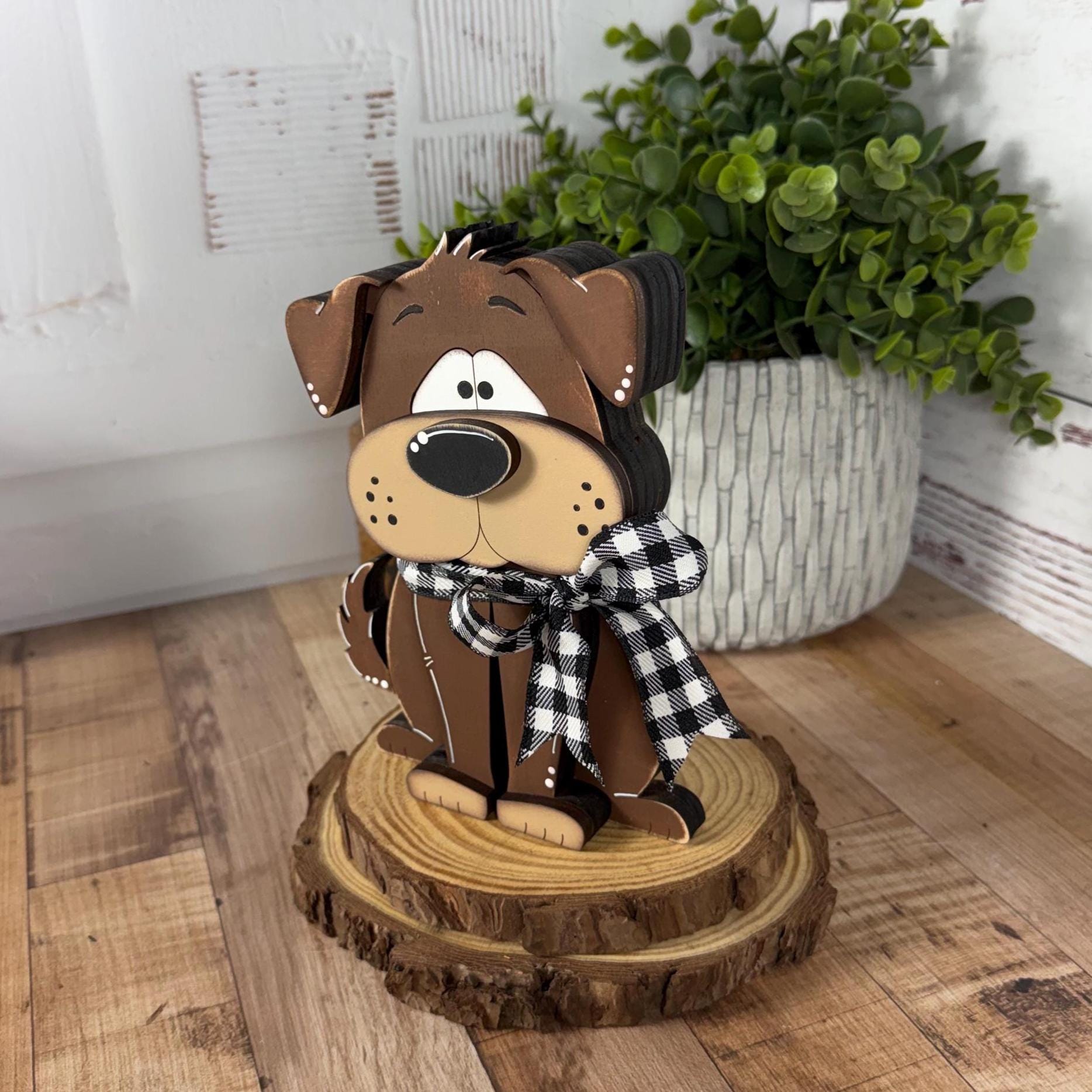 Adorable Hand Painted Wooden Brown Dog Shelf Sitter