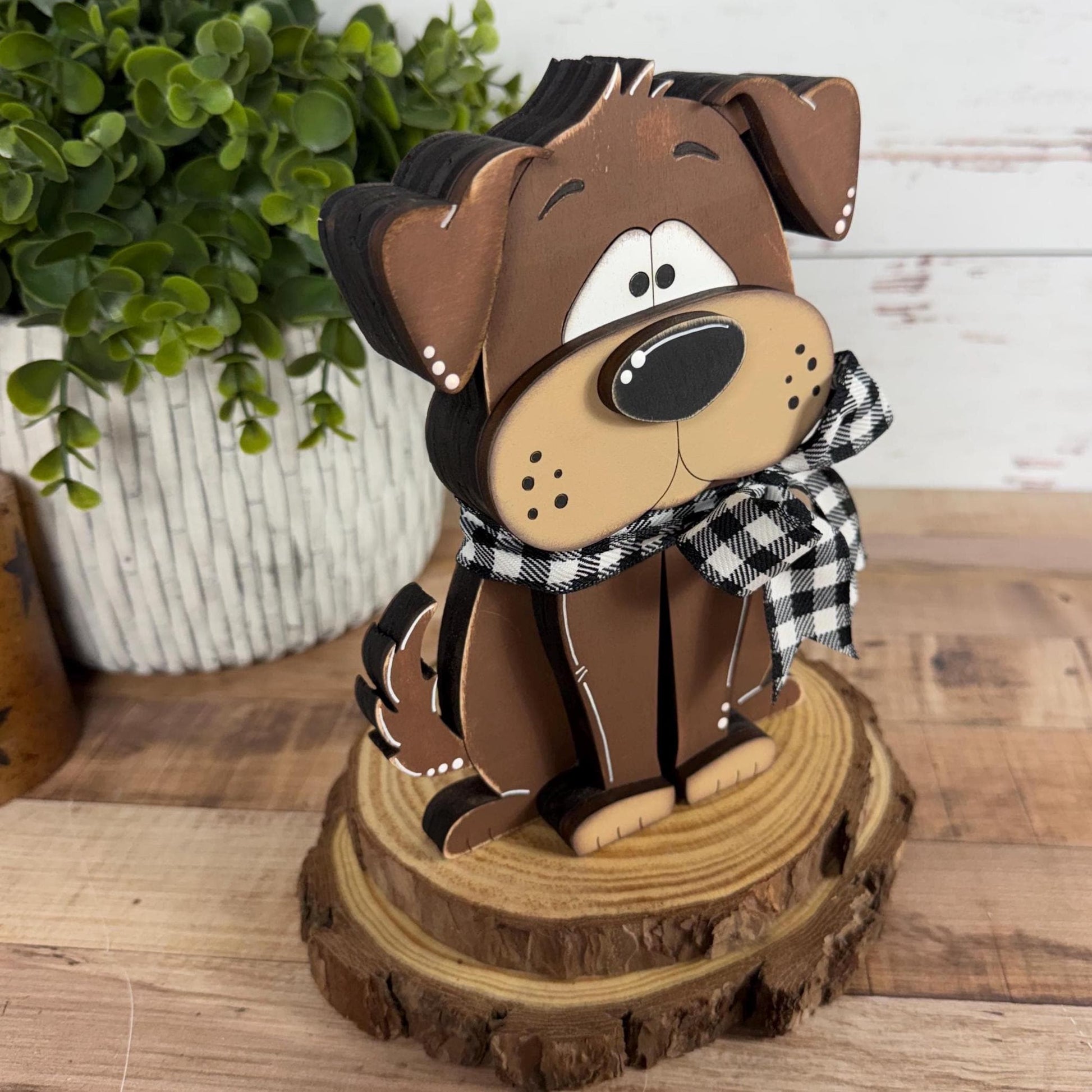 Adorable Hand Painted Wooden Brown Dog Shelf Sitter