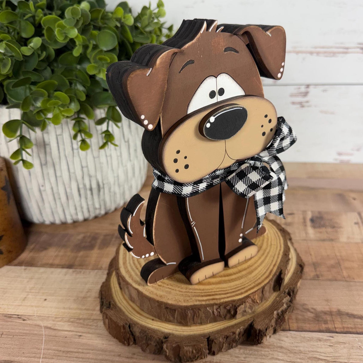 Adorable Hand Painted Wooden Brown Dog Shelf Sitter