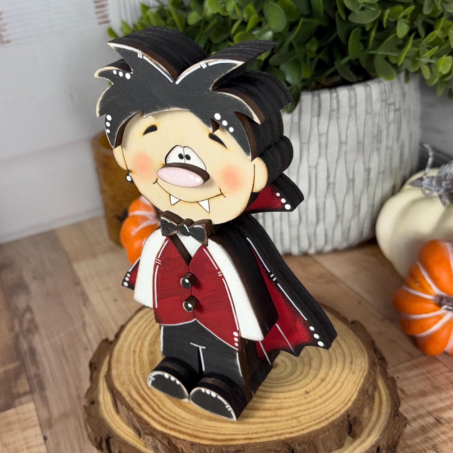 Hand-Painted Wooden Vampire and Bat Halloween Shelf Decor