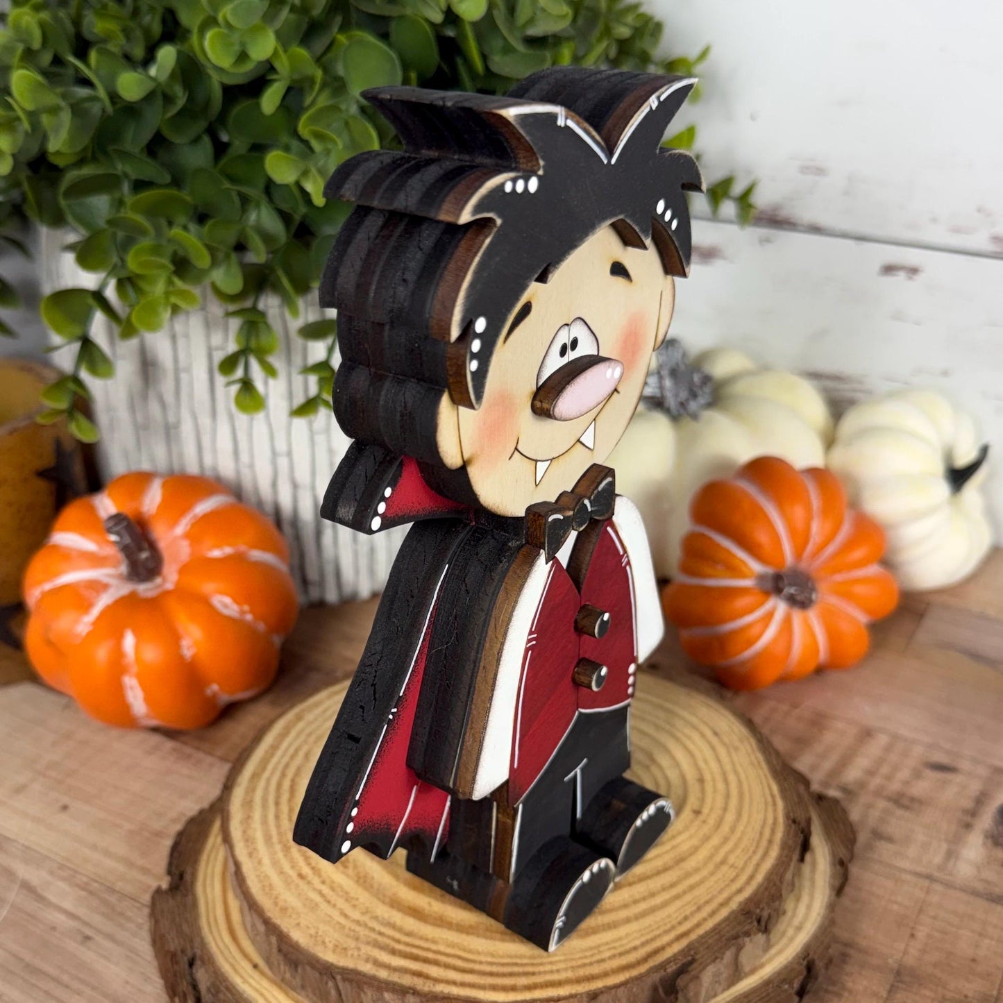 Hand-Painted Wooden Vampire and Bat Halloween Shelf Decor