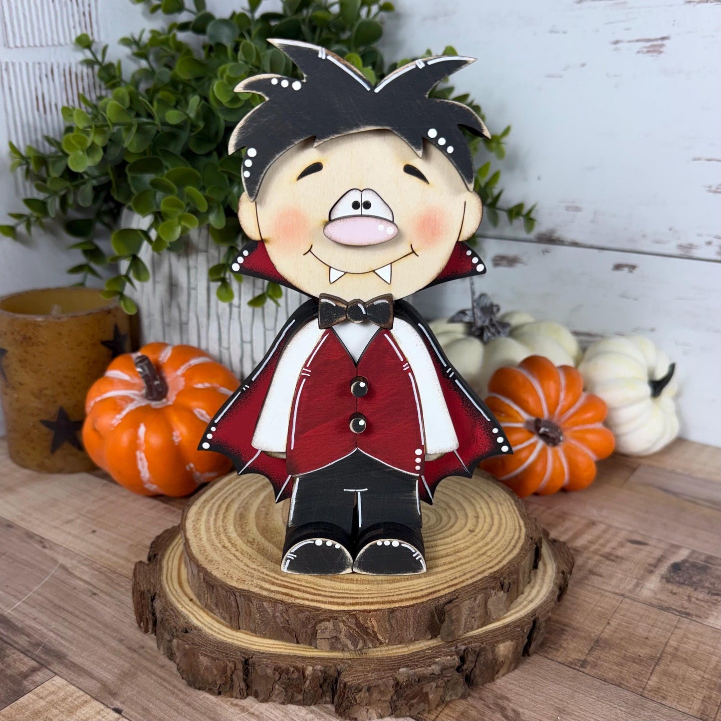 Hand-Painted Wooden Vampire and Bat Halloween Shelf Decor